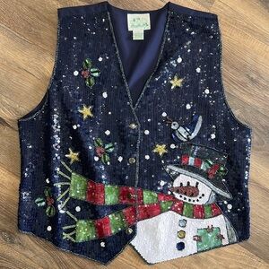 The Quacker Factory sequin snowman Christmas vest Large Navy